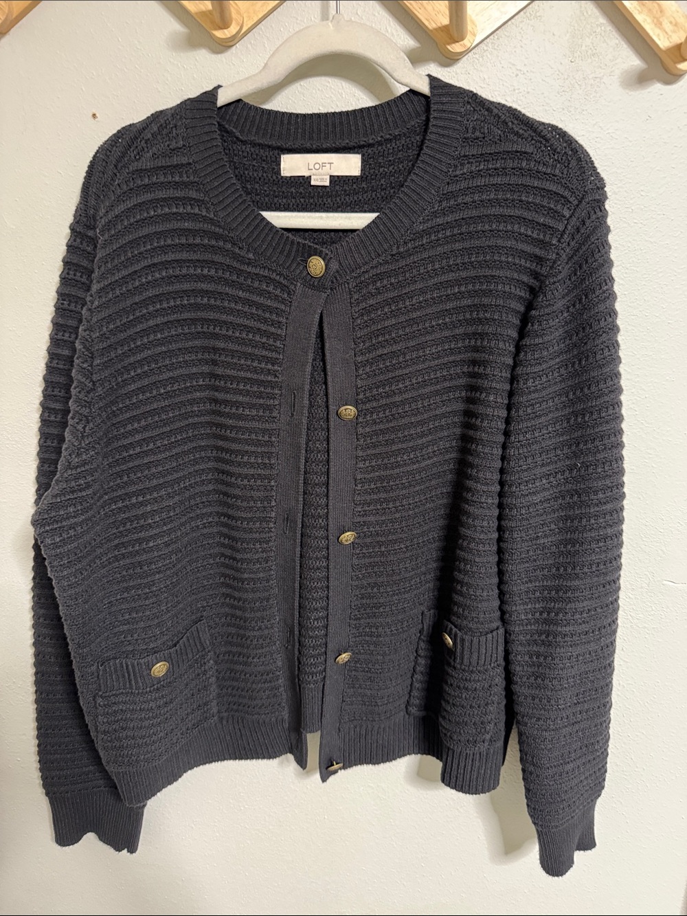 LOFT Black Textured Button-Front Crewneck Cardigan